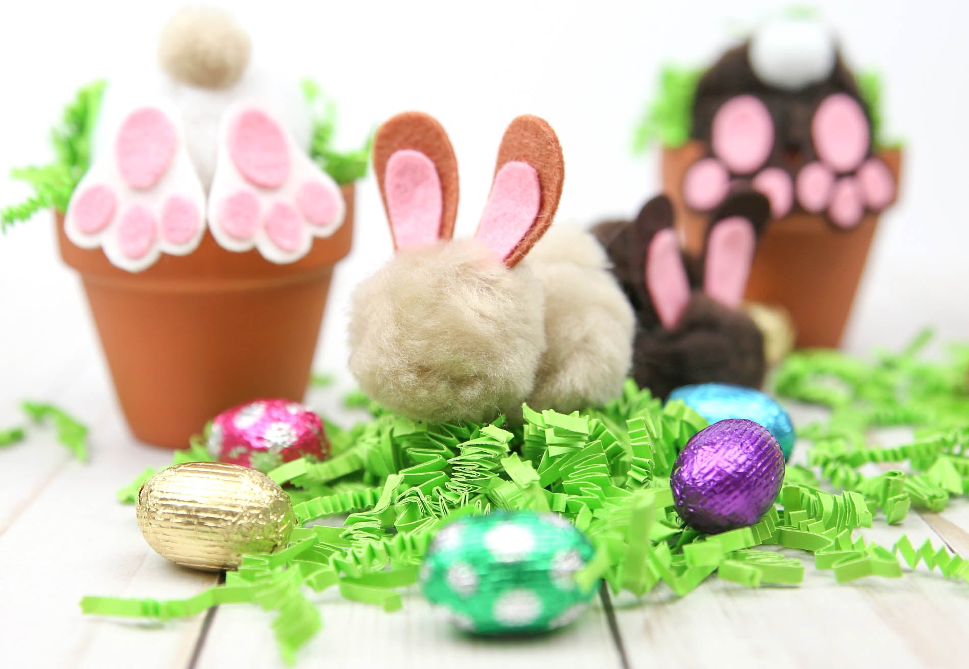 2-in-1 Easter DIY - Curious Easter Bunny Pots and Pom-Pom Bunnies {Template}