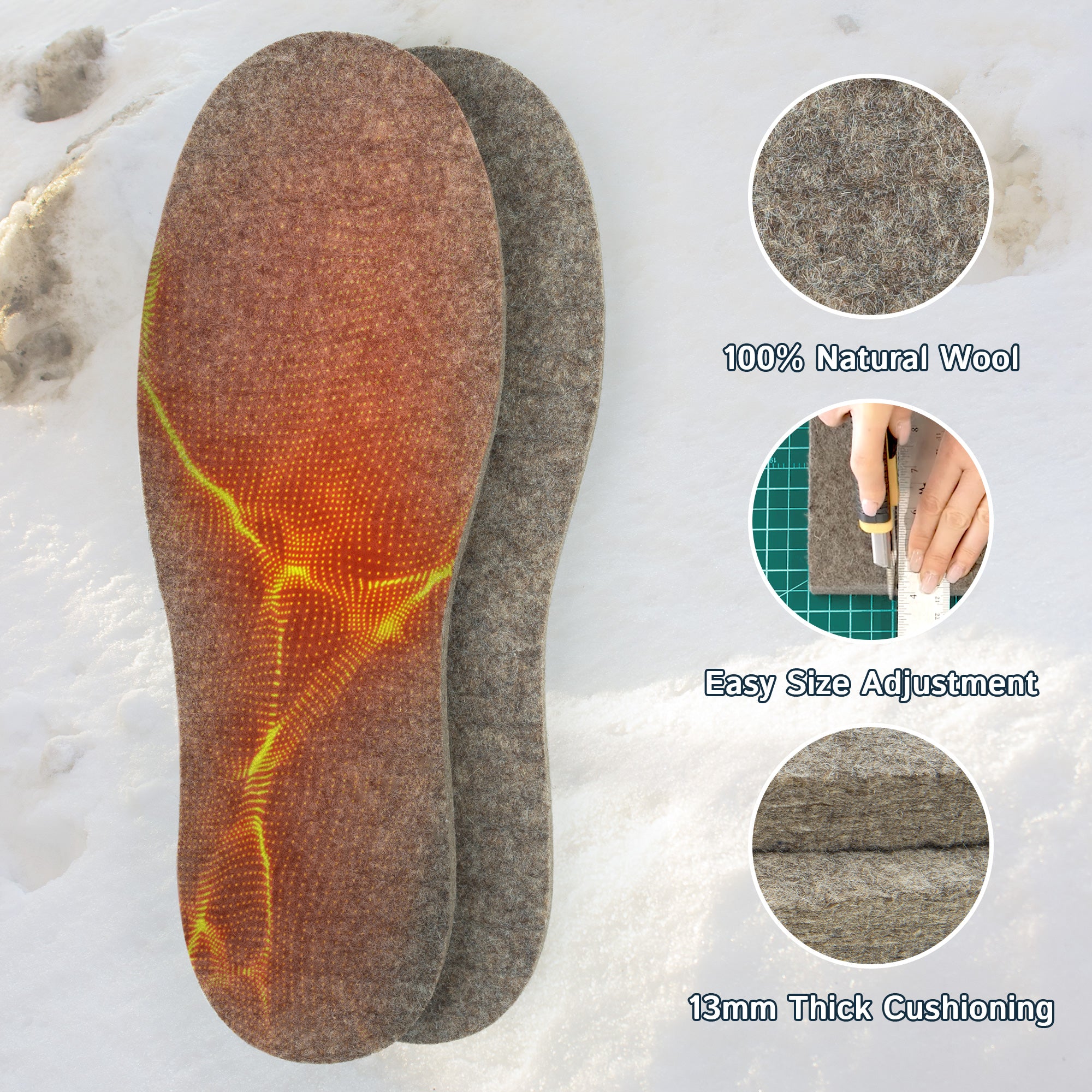 Wool Felt Insoles - 13mm Thick, 1 Pair