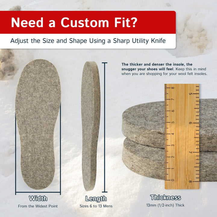 Wool Felt Insoles - 13mm Thick, 1 Pair