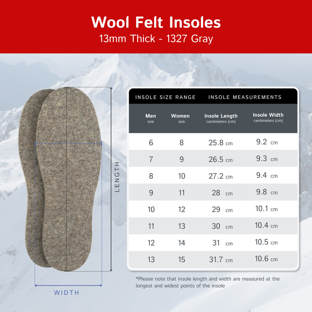 Wool Felt Insoles - 13mm Thick, 1 Pair