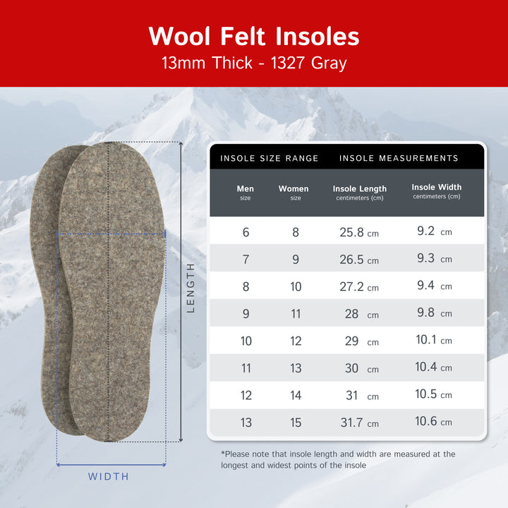 Wool Felt Insoles - 13mm Thick, 1 Pair