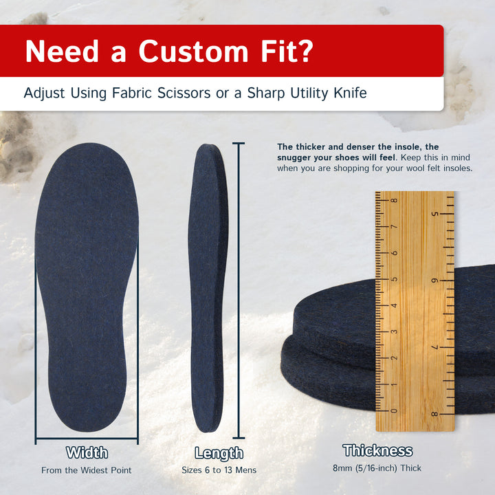 Wool Felt Insoles - 8mm Thick, 2 Pair