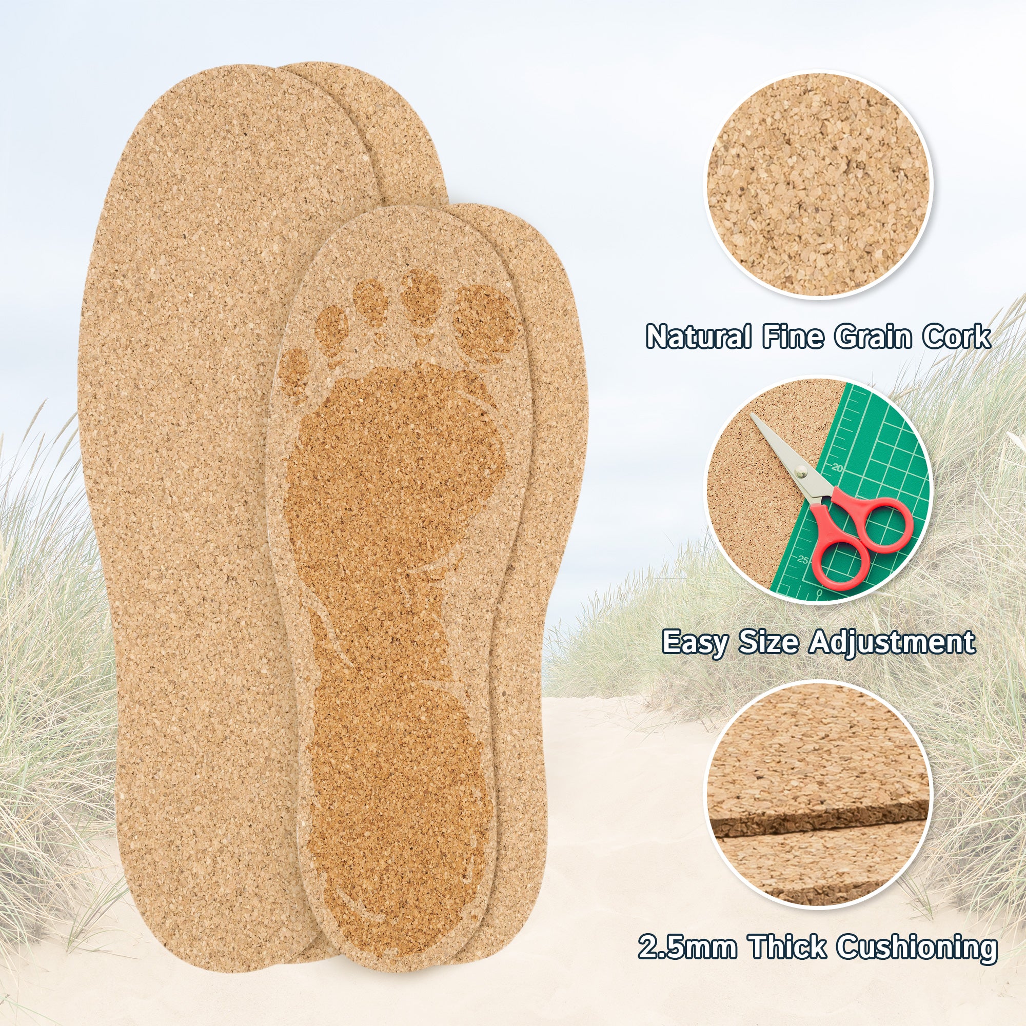 Cork Insoles - 2.5mm Thick, 2 Pair