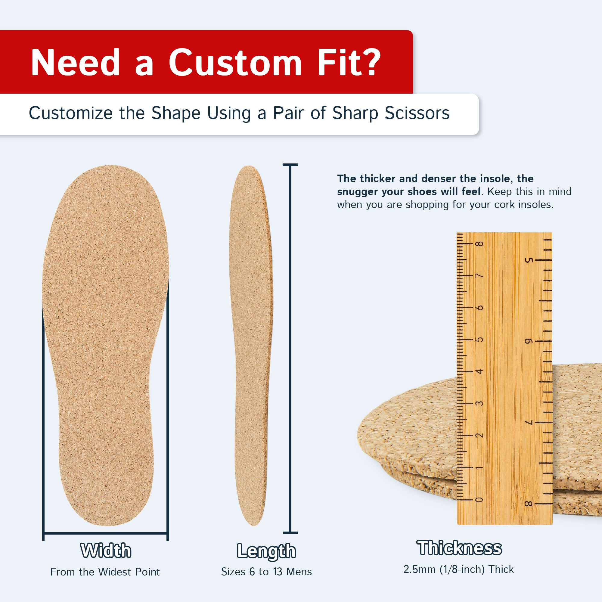 Cork Insoles - 2.5mm Thick, 2 Pair