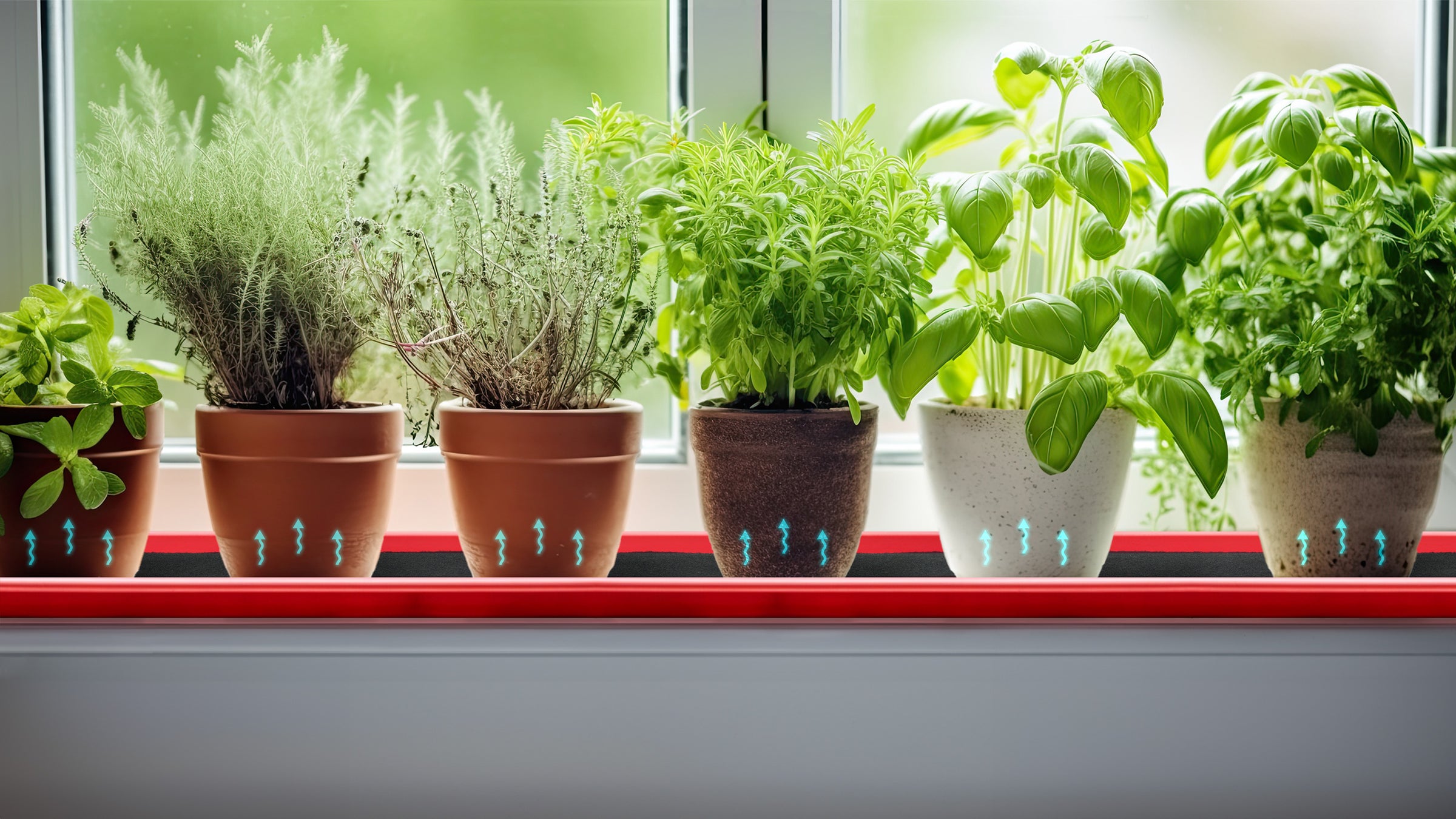 Kapmat watering mat with capillary action on a window ledge with plants.
